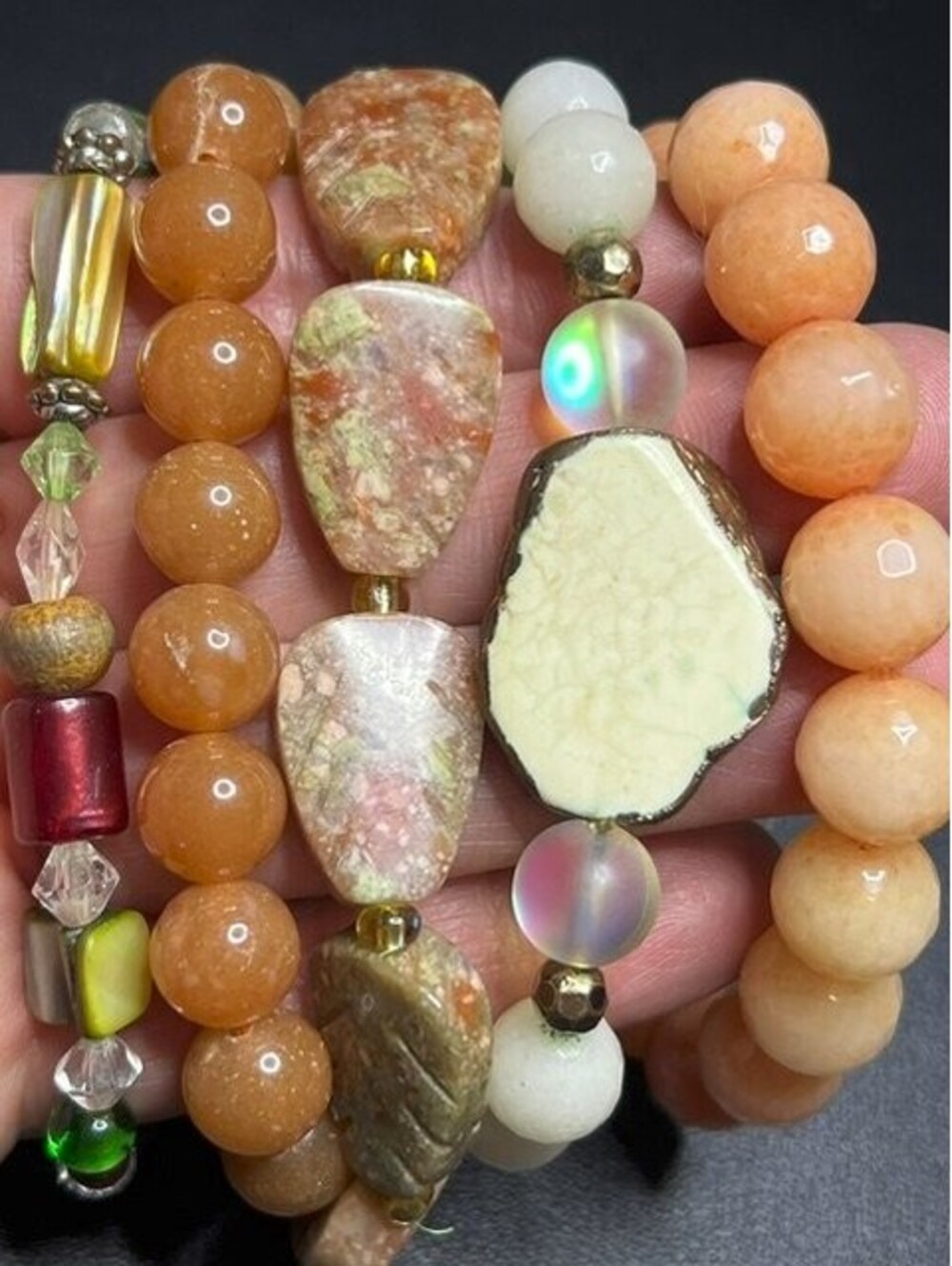 B7449 5pc Boho Stack Beaded Stretch Bracelets  Natural Stone Earthy Quartz